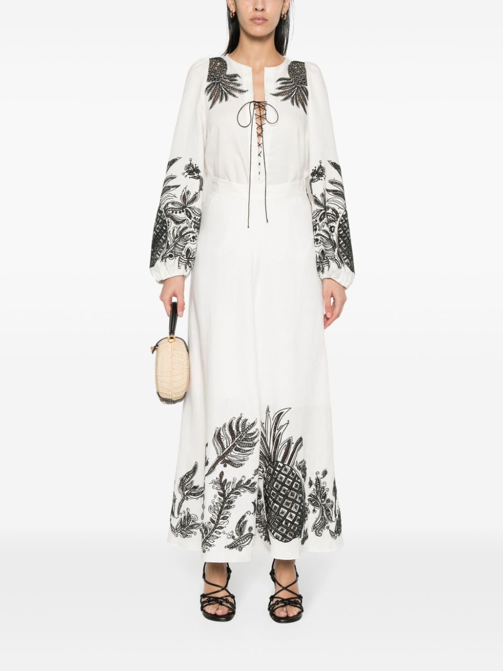 pineapple embroidery lace-up linen blouse - 2