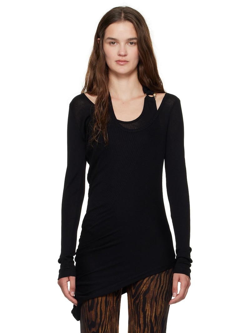 Black Ribbed Twisted Double Layer Piercing T-shirt 1