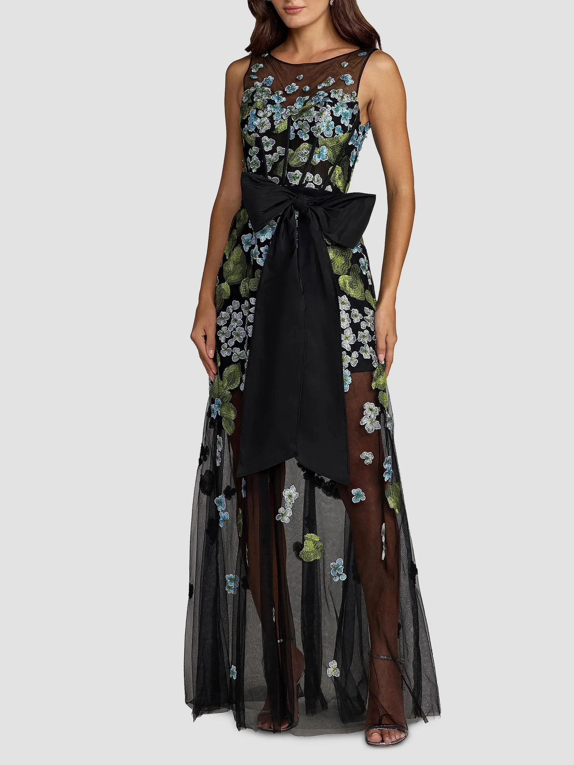 Women's Floral Embroidered Bow Appliqué Mesh Gown - Blue Multi - 1