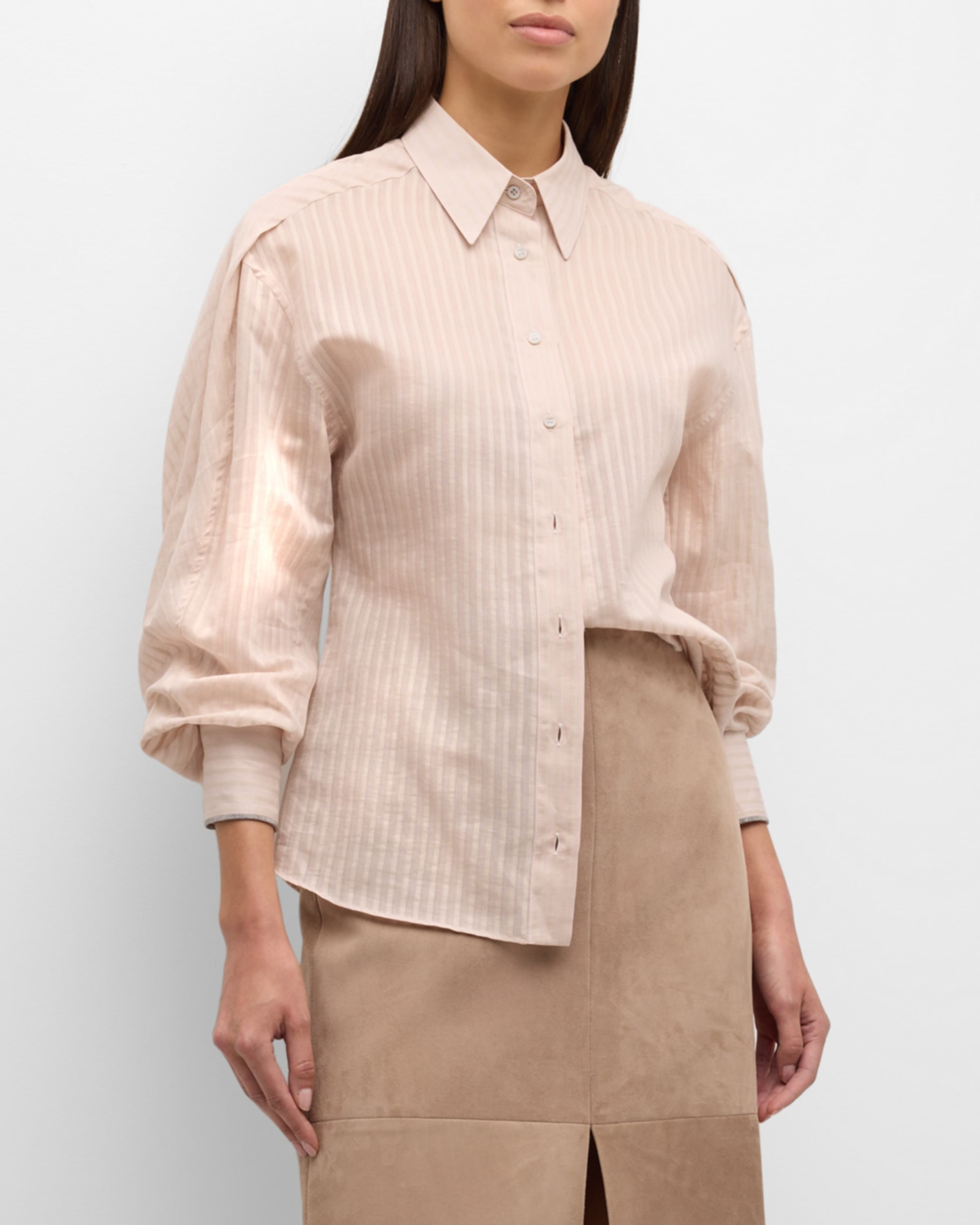 Cotton-Silk Tonal Striped Long-Sleeve Blouse - 2