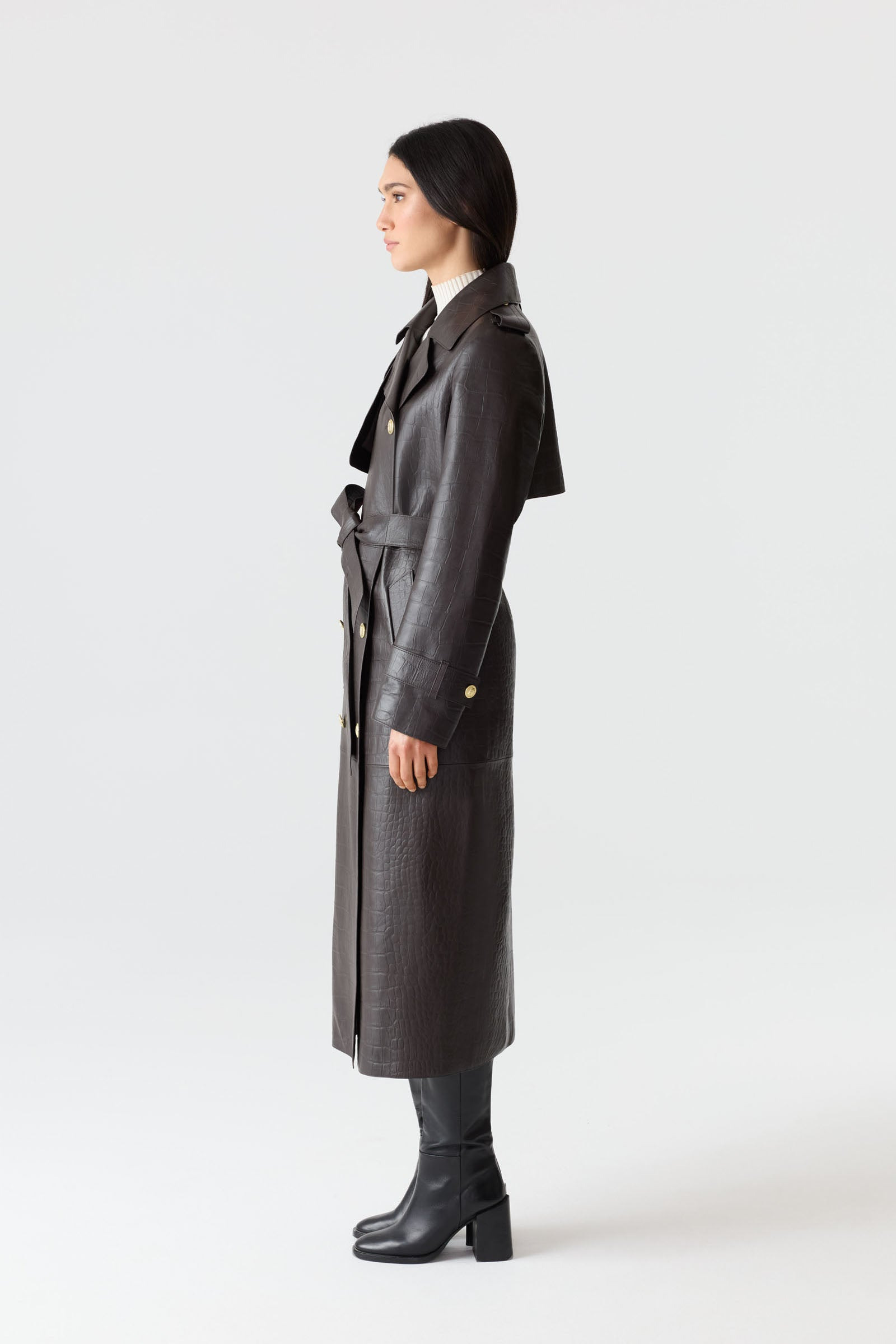 GAEL-NV Croc-Embossed Maxi Leather Trench Coat - 5