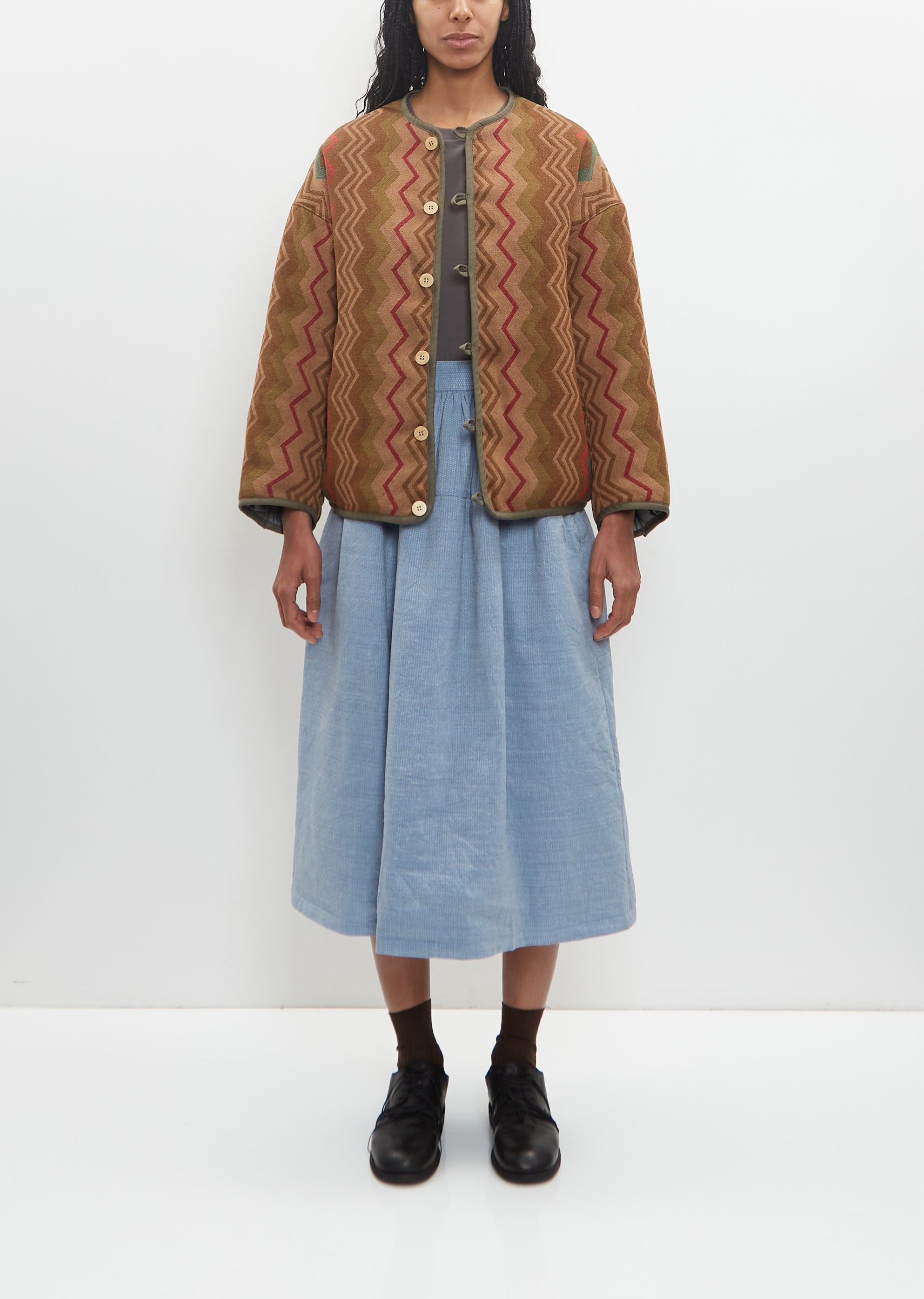 Wool Linen Reversible Jacquard Blanket Liner Jacket — Beige - 4