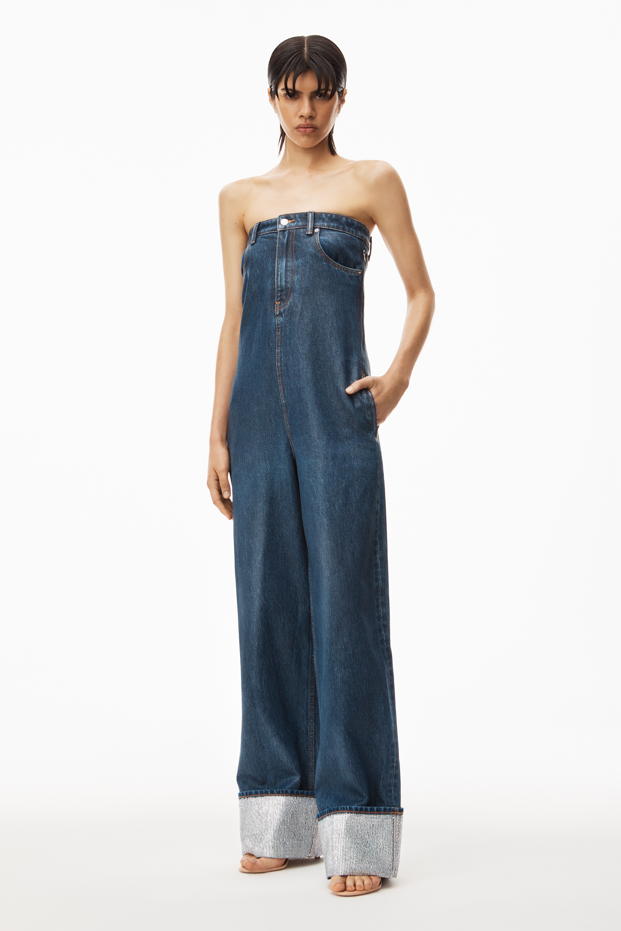 CRYSTAL CUFF JUMPSUIT IN COATED DENIM - 2