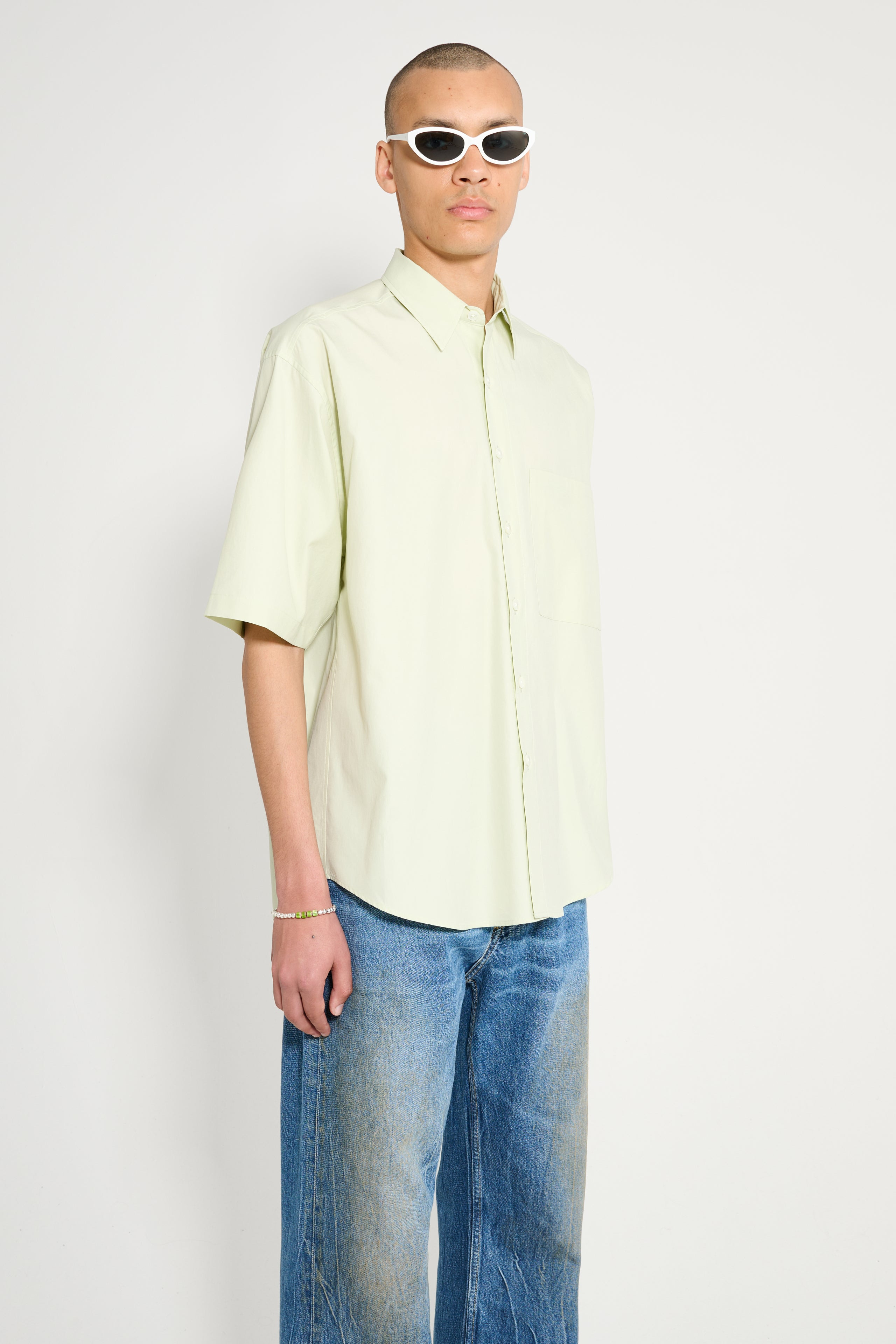 AURALEE WASHED FINX TWILL BIG HALF SLEEVED SHIRT LIGHT GREEN - 4