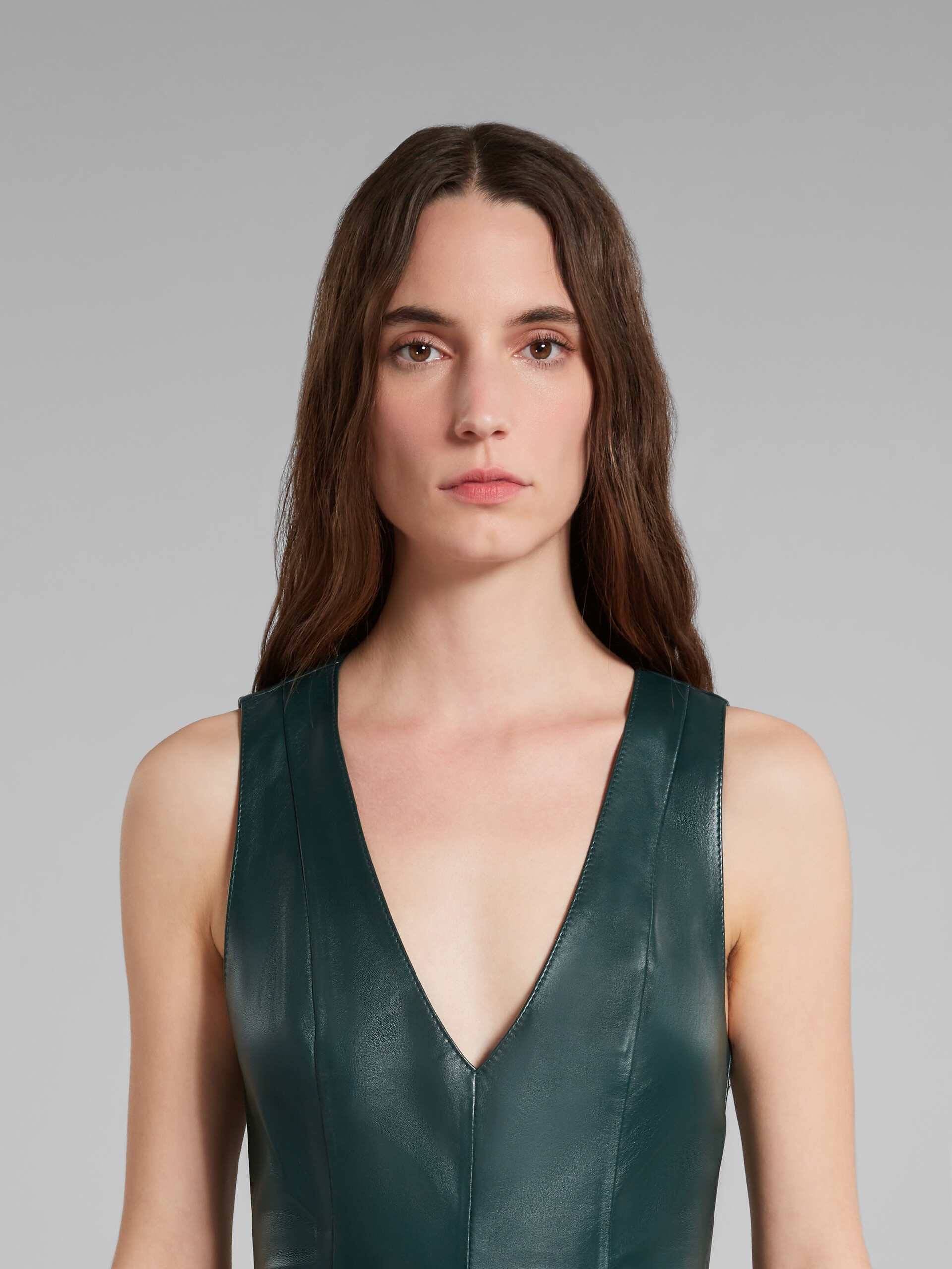 GREEN LEATHER DRESS WITH V-NECK - 4