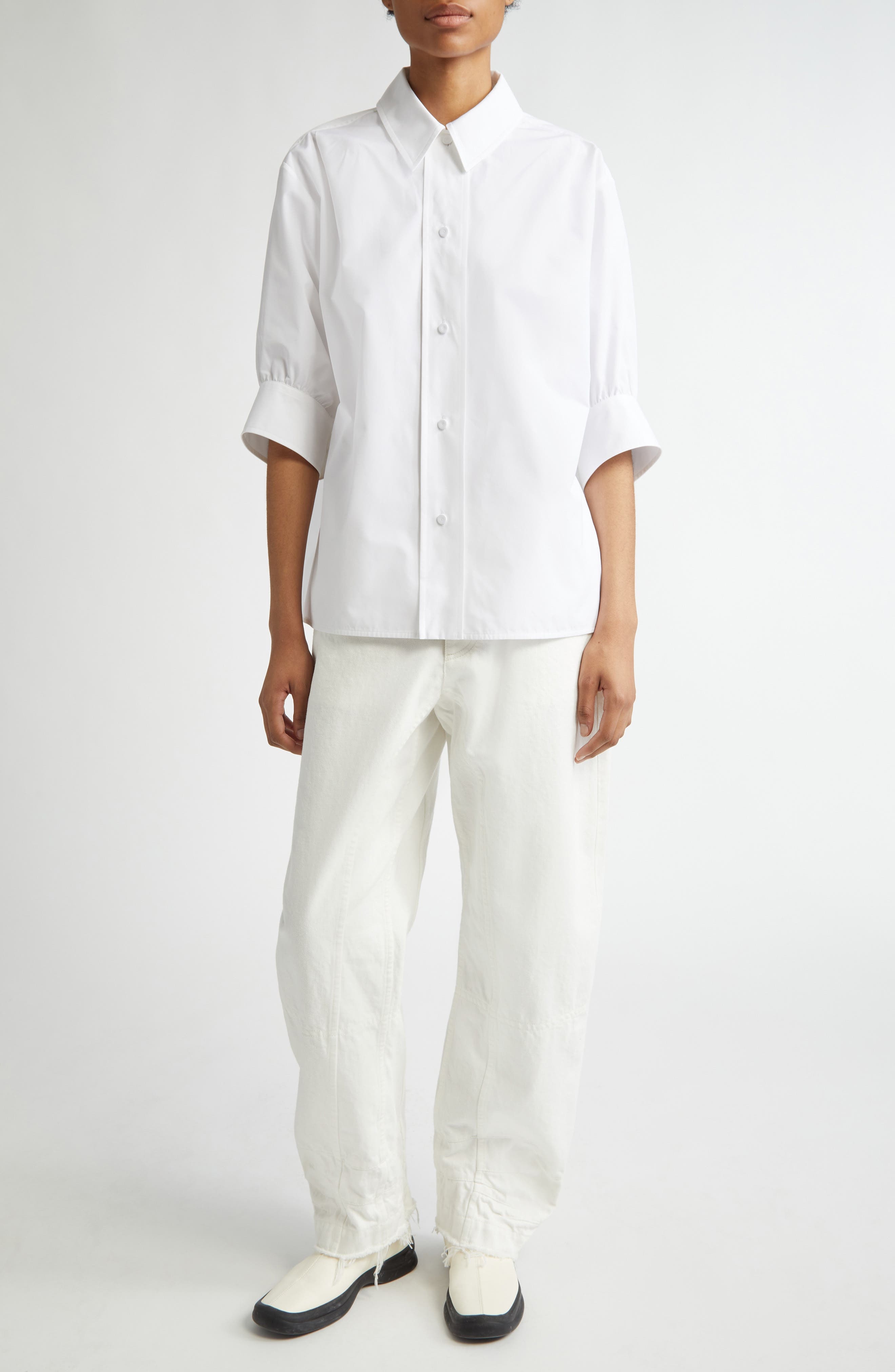 Jil Sander Short Sleeve Cotton Poplin Button-Up Shirt in Optic White at Nordstrom - 2