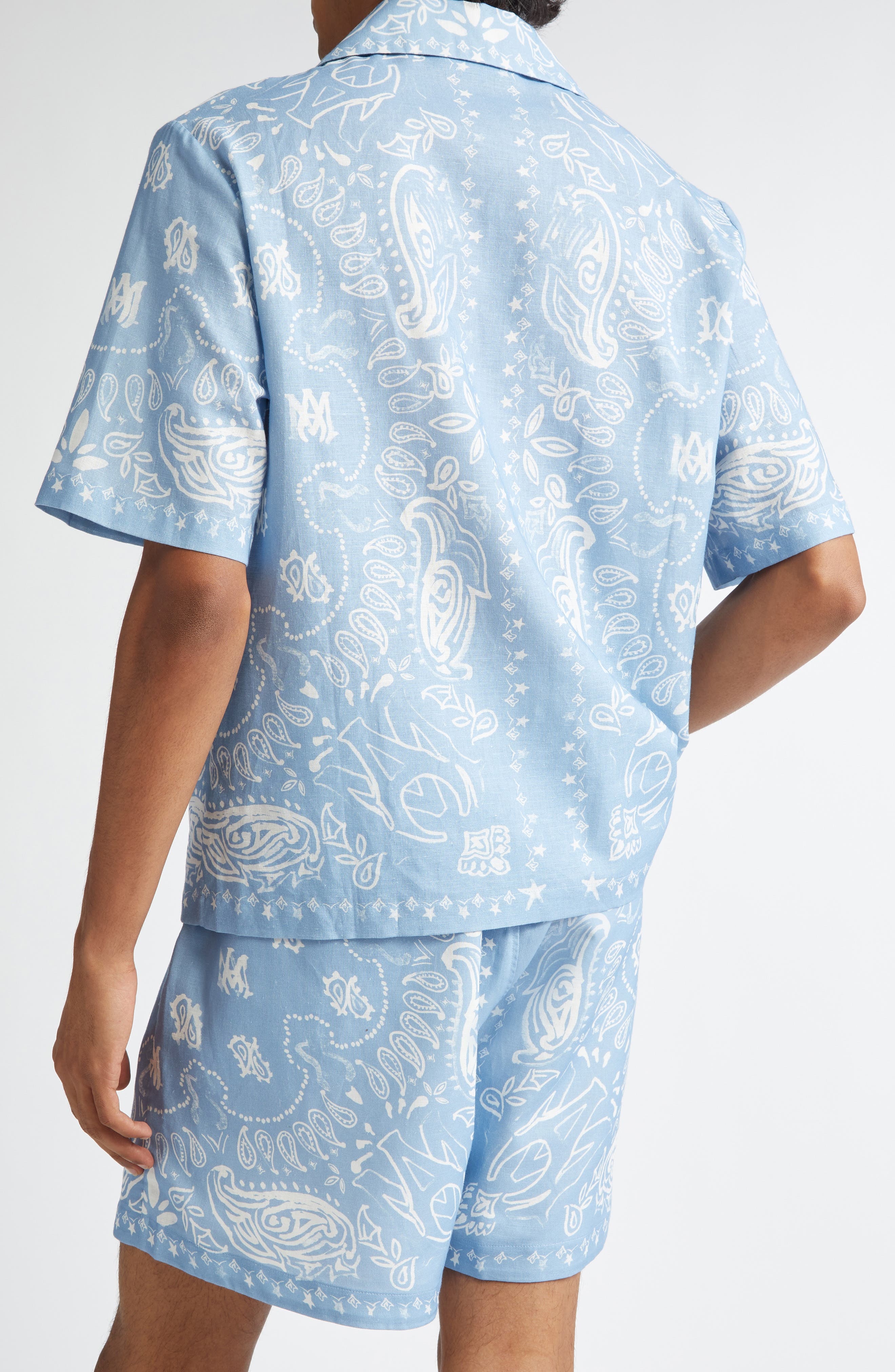 AMIRI Watercolor Bandana Linen & Cotton Camp Shirt in Cerulean at Nordstrom - 3