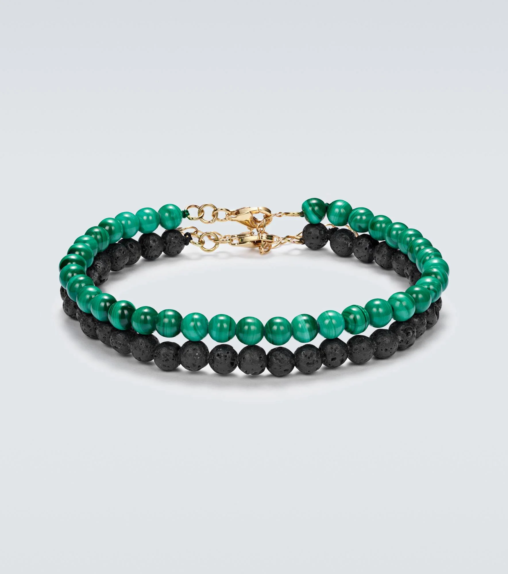 Set of 2 14kt gold beaded bracelets with malachite and lava rock - 1