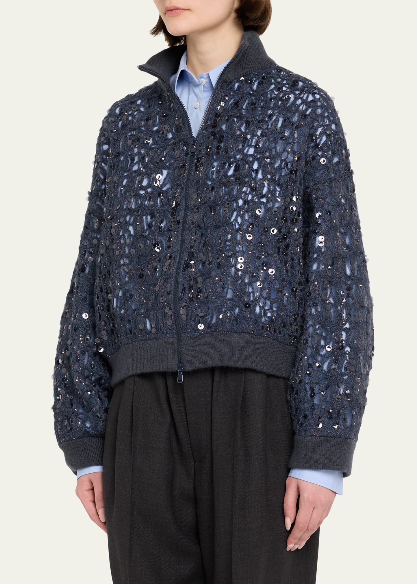 Wool-Cashmere Paillette Open-Knit Zip Cardigan - 4