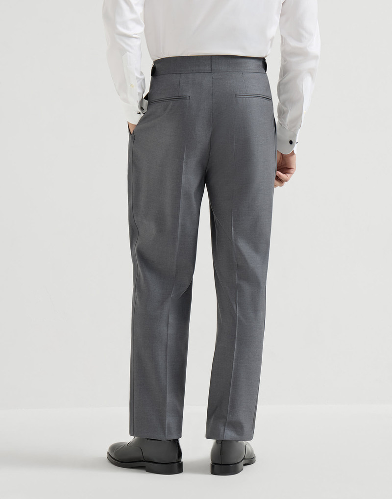 Virgin wool and silk lightweight twill tuxedo trousers with double pleats and waist tabs 3