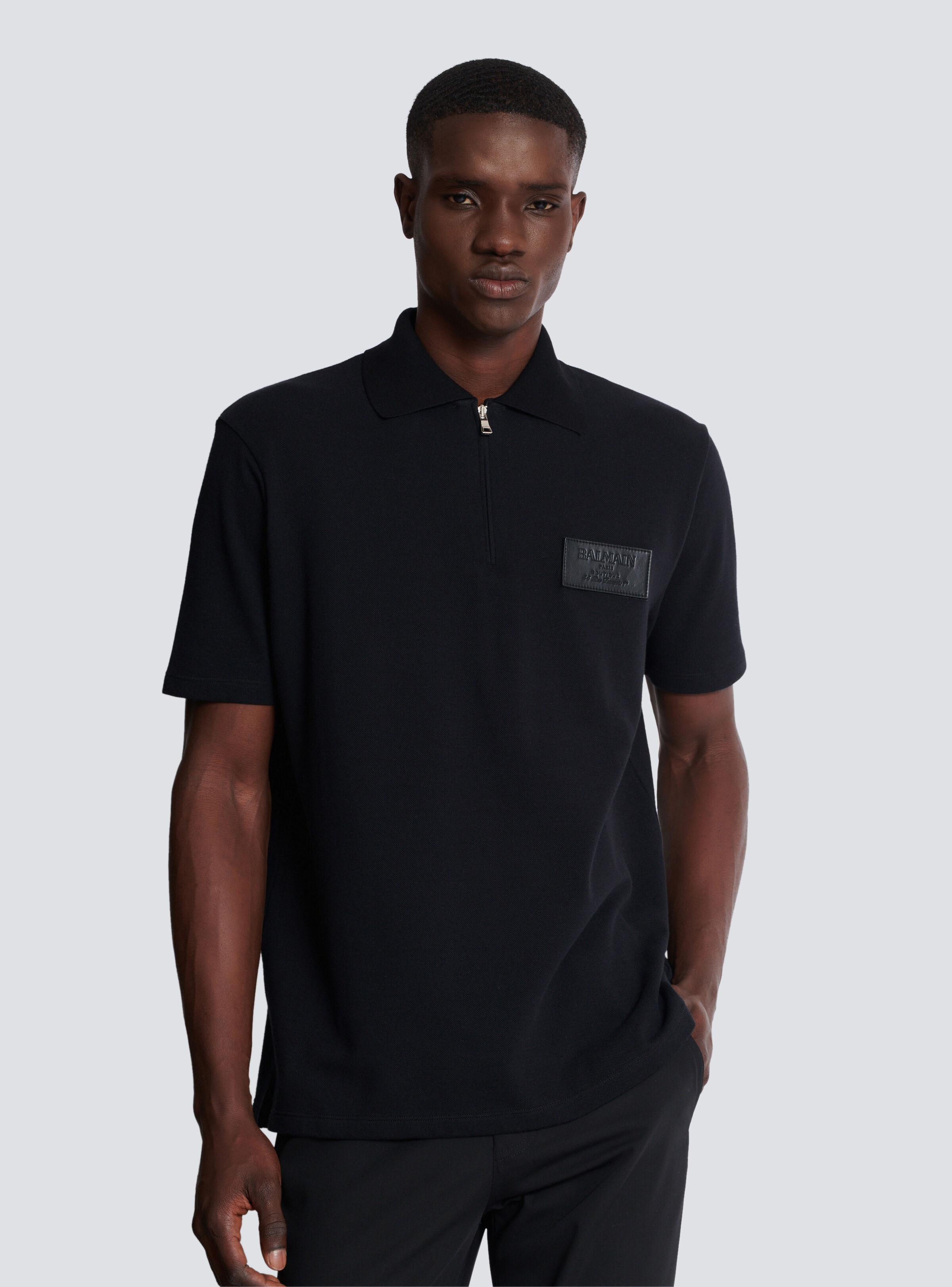 Cotton polo shirt with leather Balmain Couture label - 6