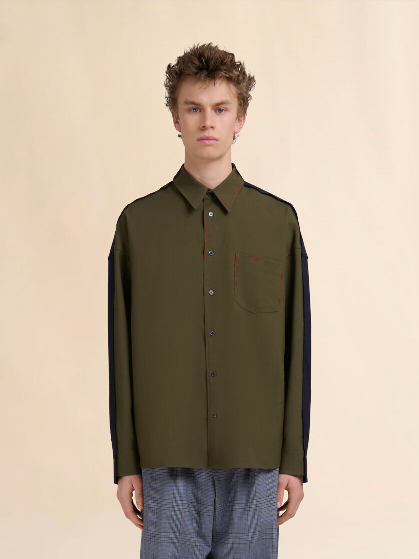 DEEP GREEN TROPICAL WOOL SHIRT WITH CONTRAST BACK - 2