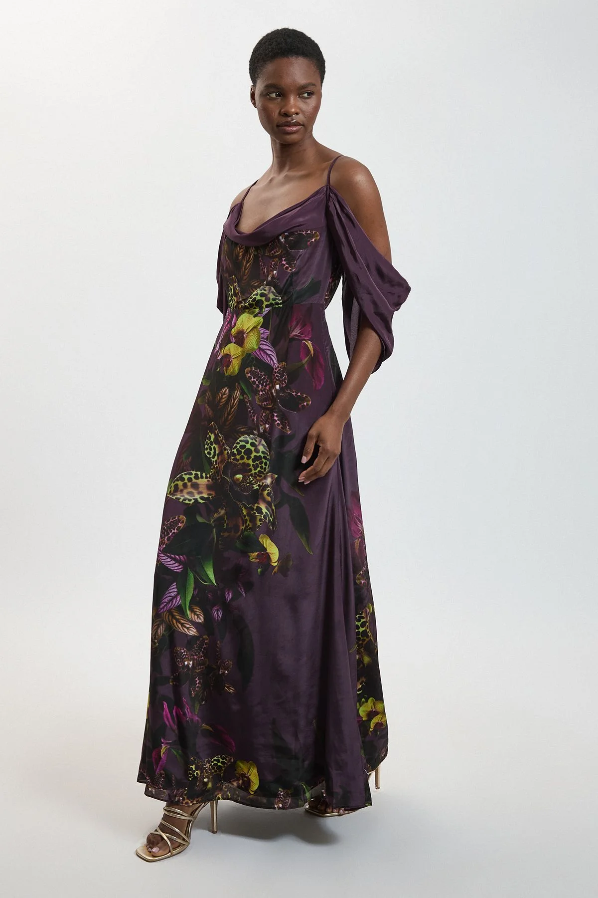 Placement Orchid Print Cold Shoulder Maxi Dress - 1