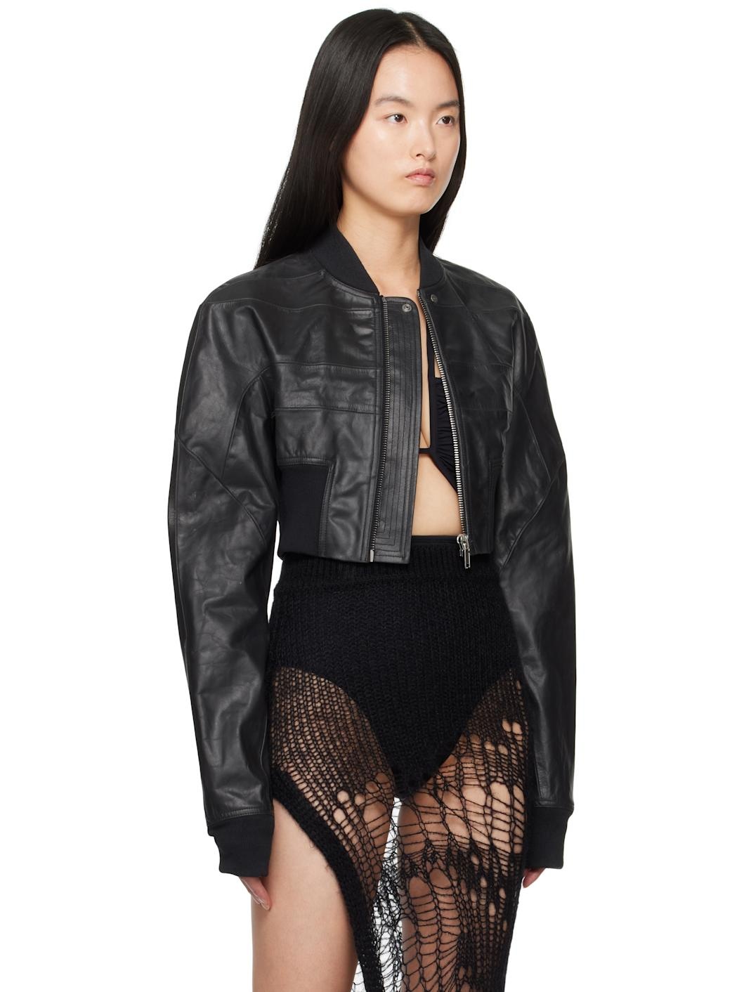 Black Hollywood Girdered Cropped Leather Bomber Jacket - 2