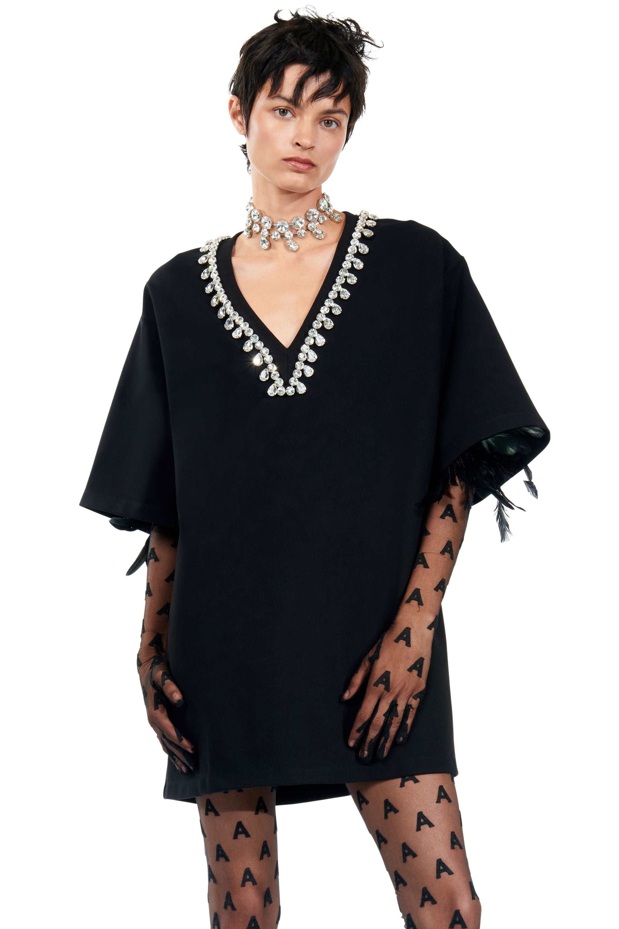 V-NECK CRYSTAL T-SHIRT DRESS - 1