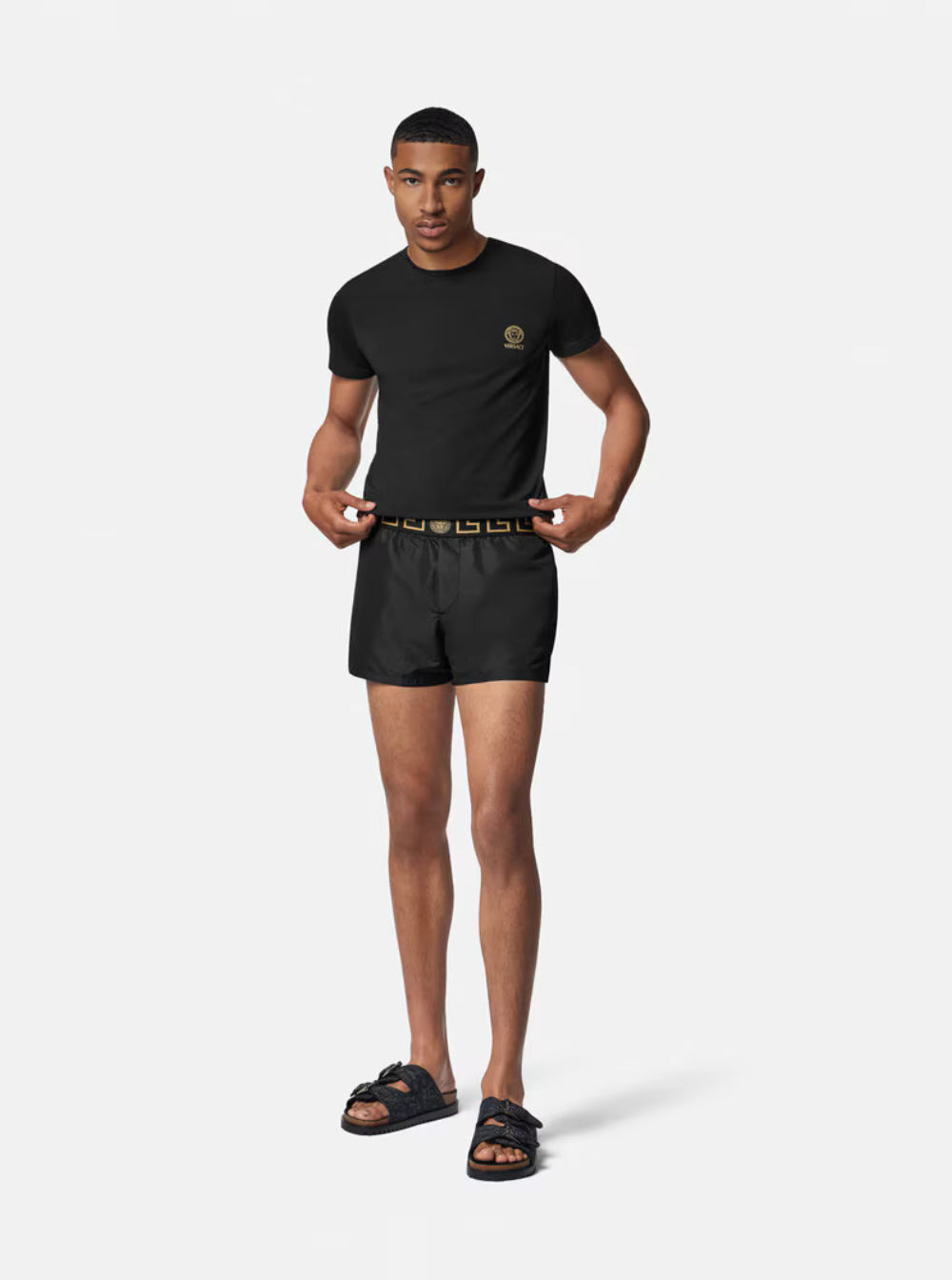 Versace Men Black Swimsuit Shorts With Greca Detail In Tech Fabric Man - 4
