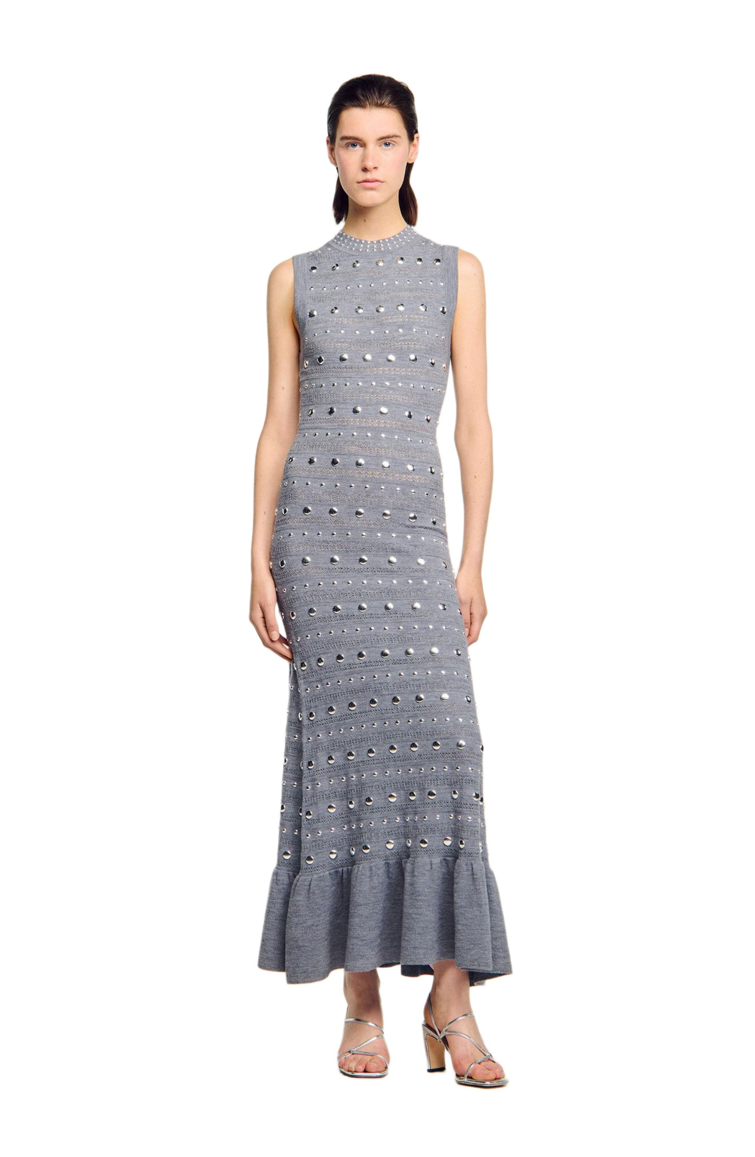 SANDRO Knit maxi dress with studs in Grey at Nordstrom - 6