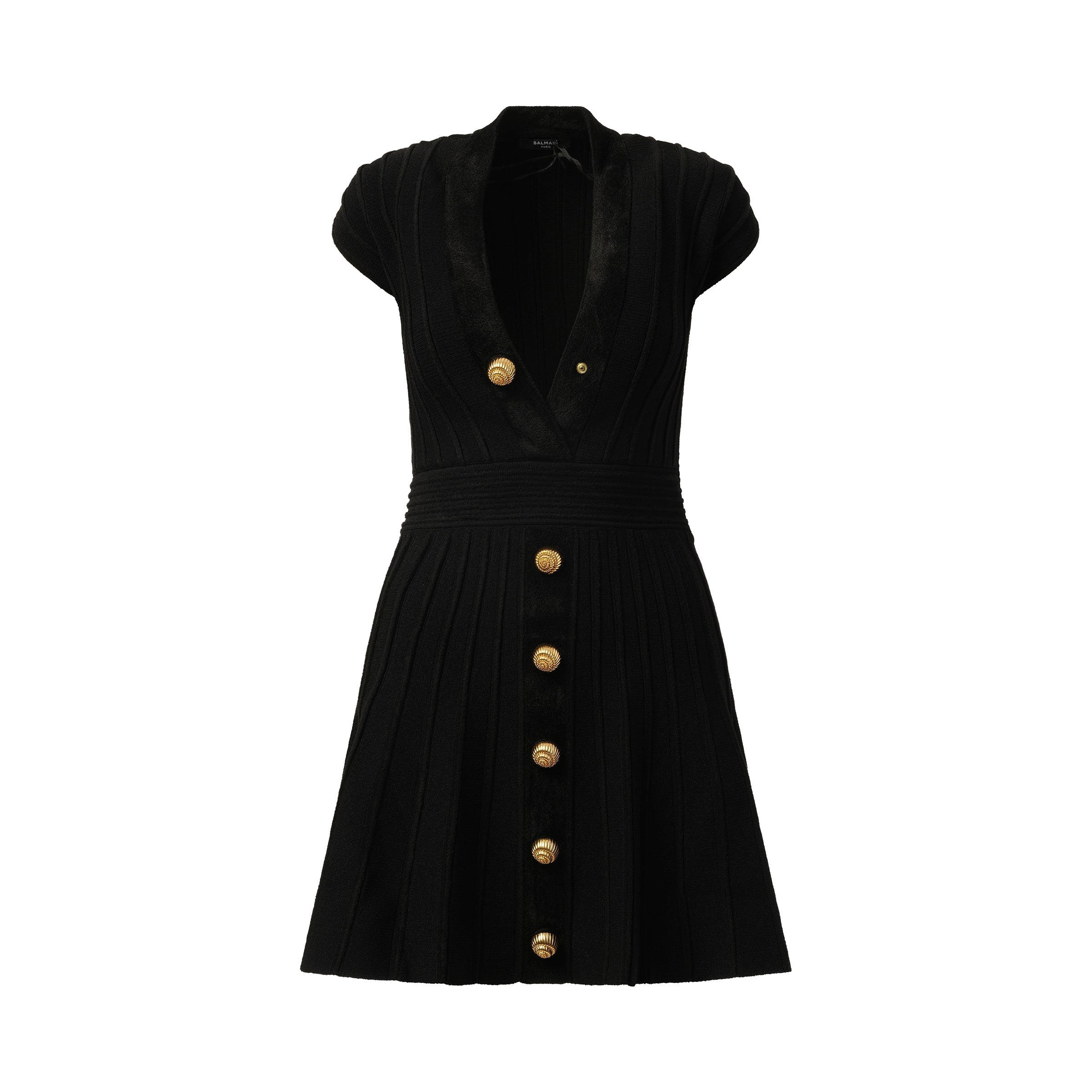 Button V-Neck Velvet Flare Short Dress in Black - 2