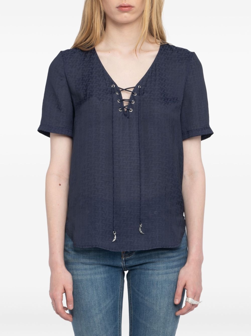 lace-up v-neck t-shirt - 4
