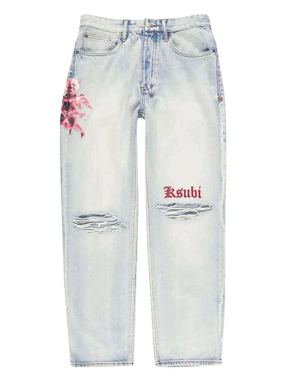 floral-embroidered distressed jeans - 1