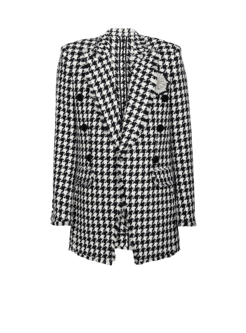 Houndstooth print tweed blazer with Balmain badge 1