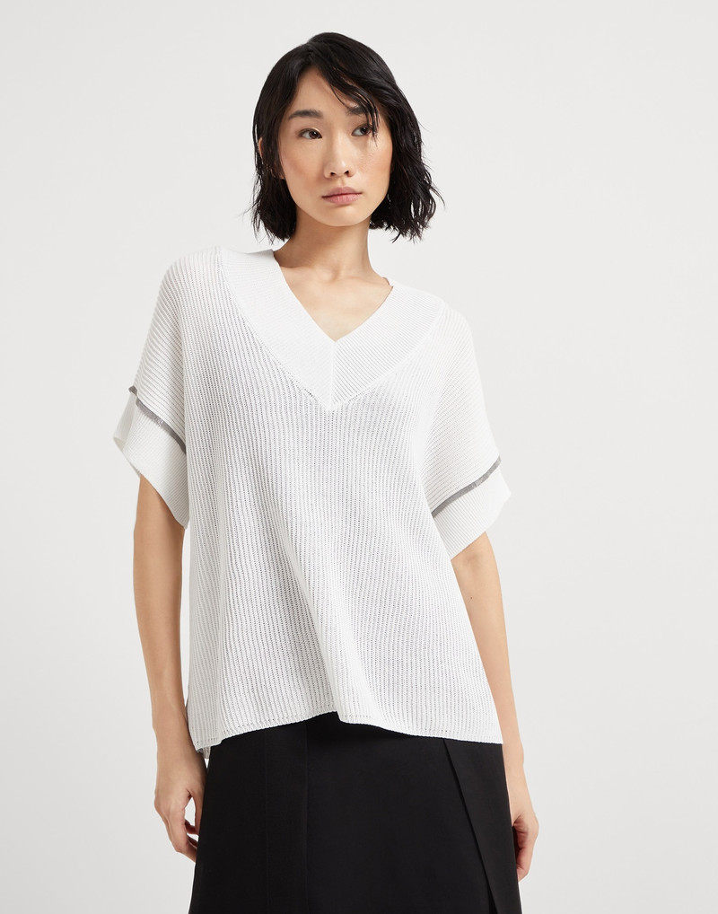 Cotton English rib knit T-shirt with precious trims 1