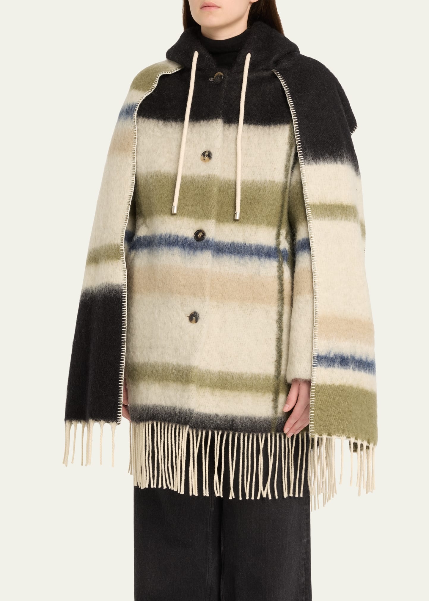 Stripe Hooded Mohair Wool Scarf Coat - 4