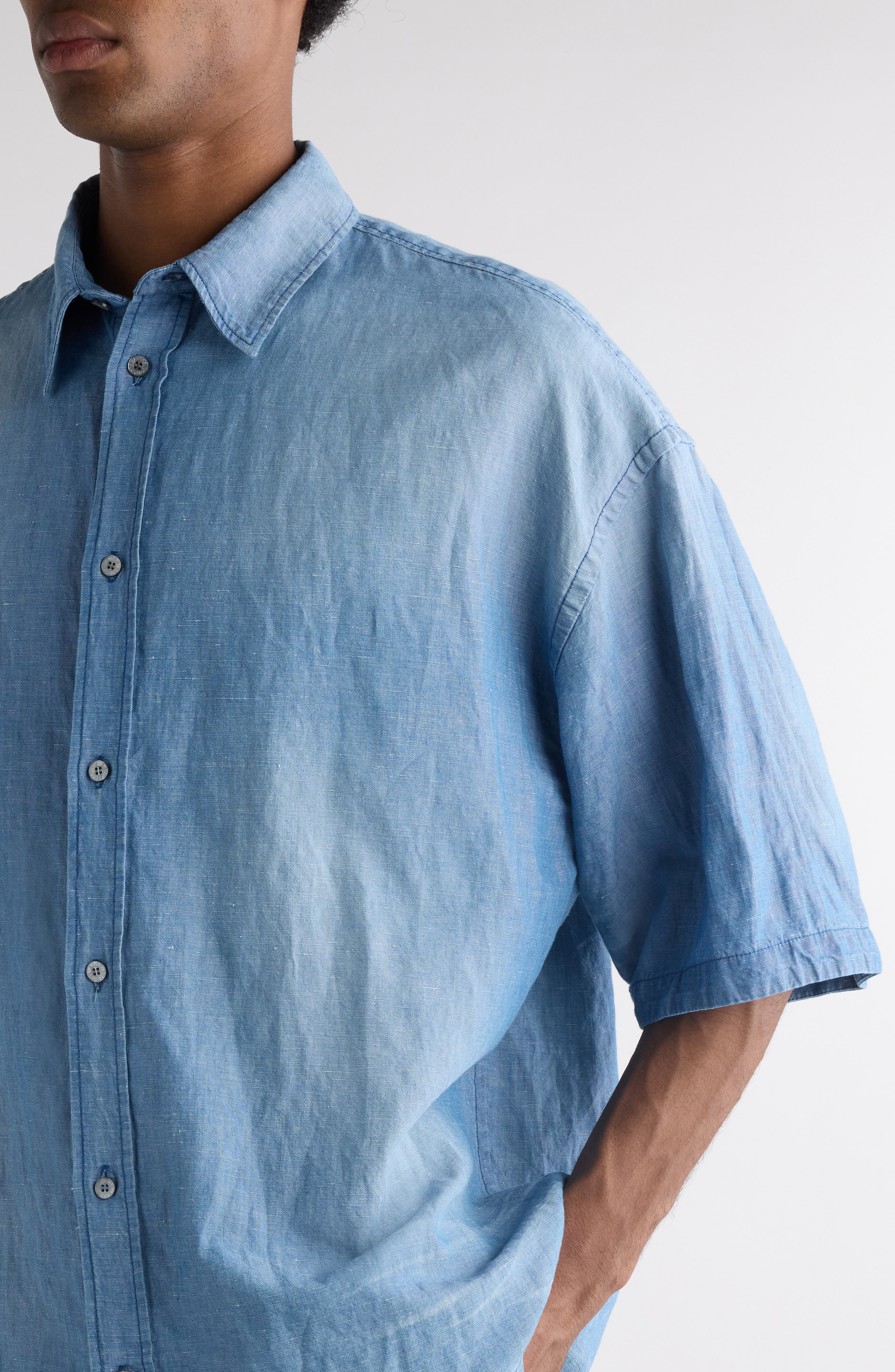 Acne Studios Oversize Short Sleeve Cotton & Linen Chambray Button-Up Shirt in Mid Blue at Nordstrom - 5