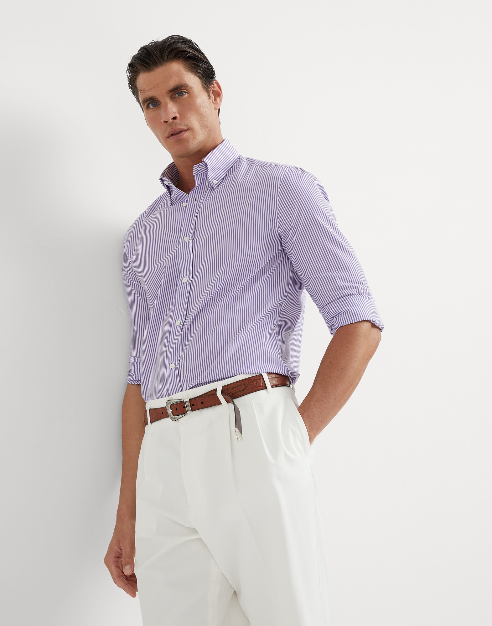 Striped basic fit shirt with button-down collar - 4