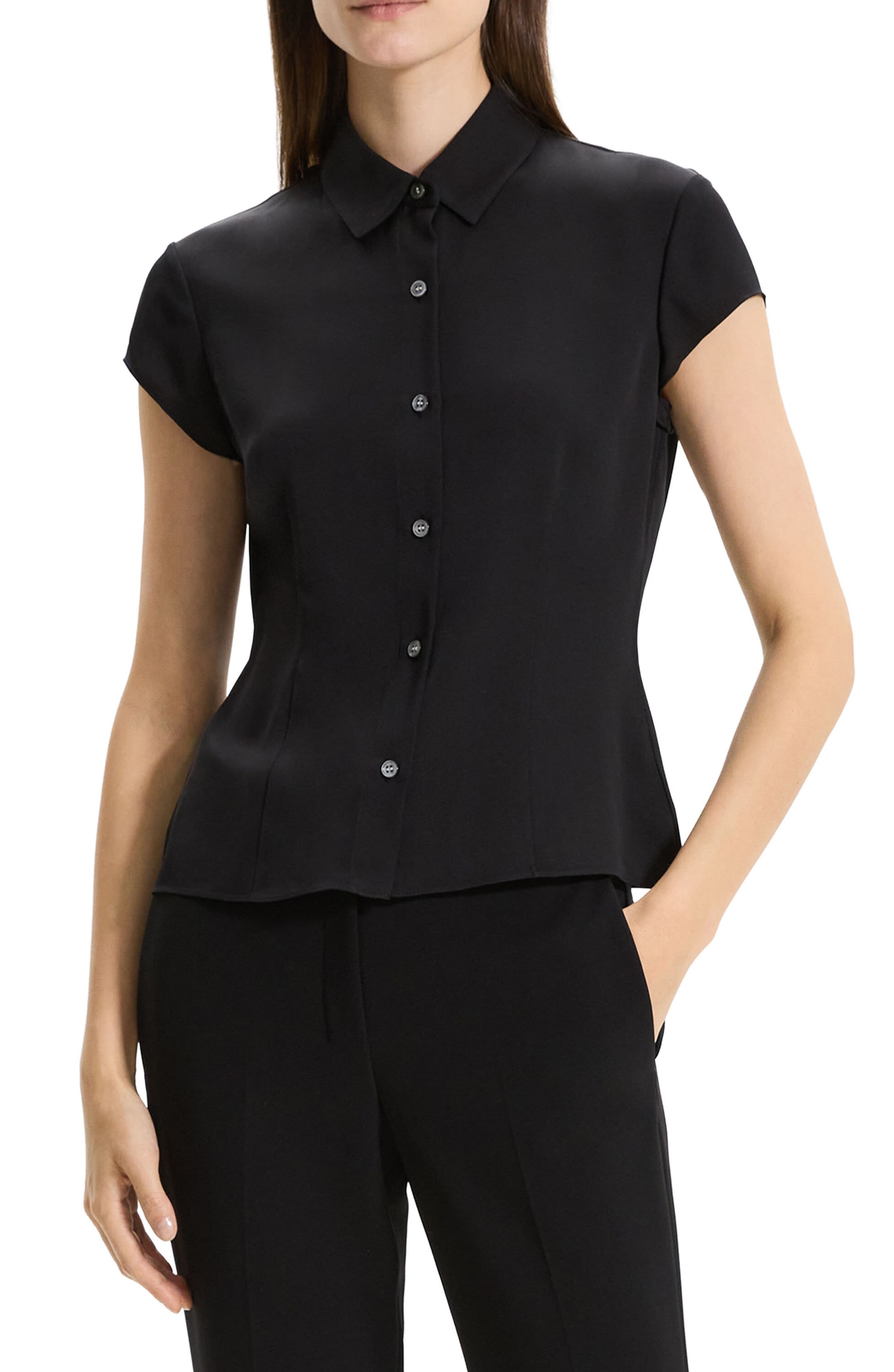 Theory Cap Sleeve Silk Shirt in Blk at Nordstrom - 1