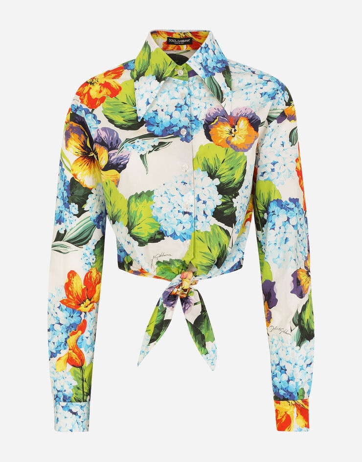 Hydrangea-print poplin shirt with tie - 3