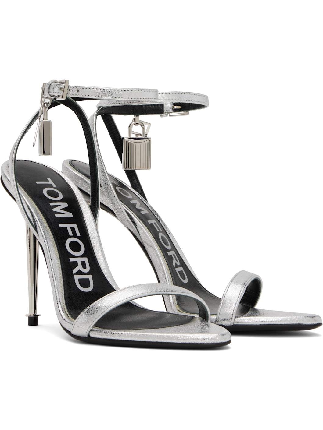 Silver Padlock Pointy Naked Heeled Sandals - 4