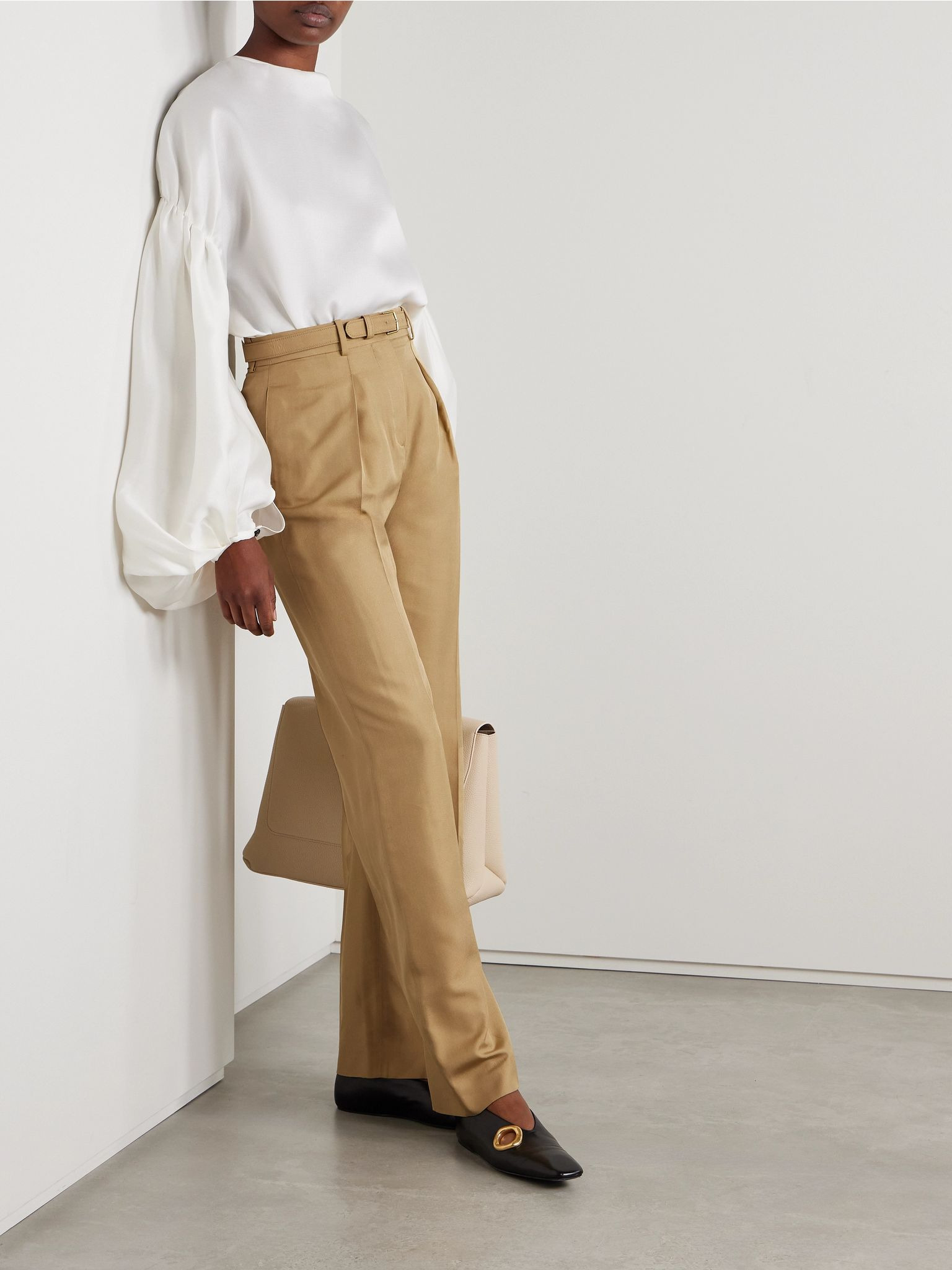 Edward belted pleated silk wide-leg pants Sand - 2