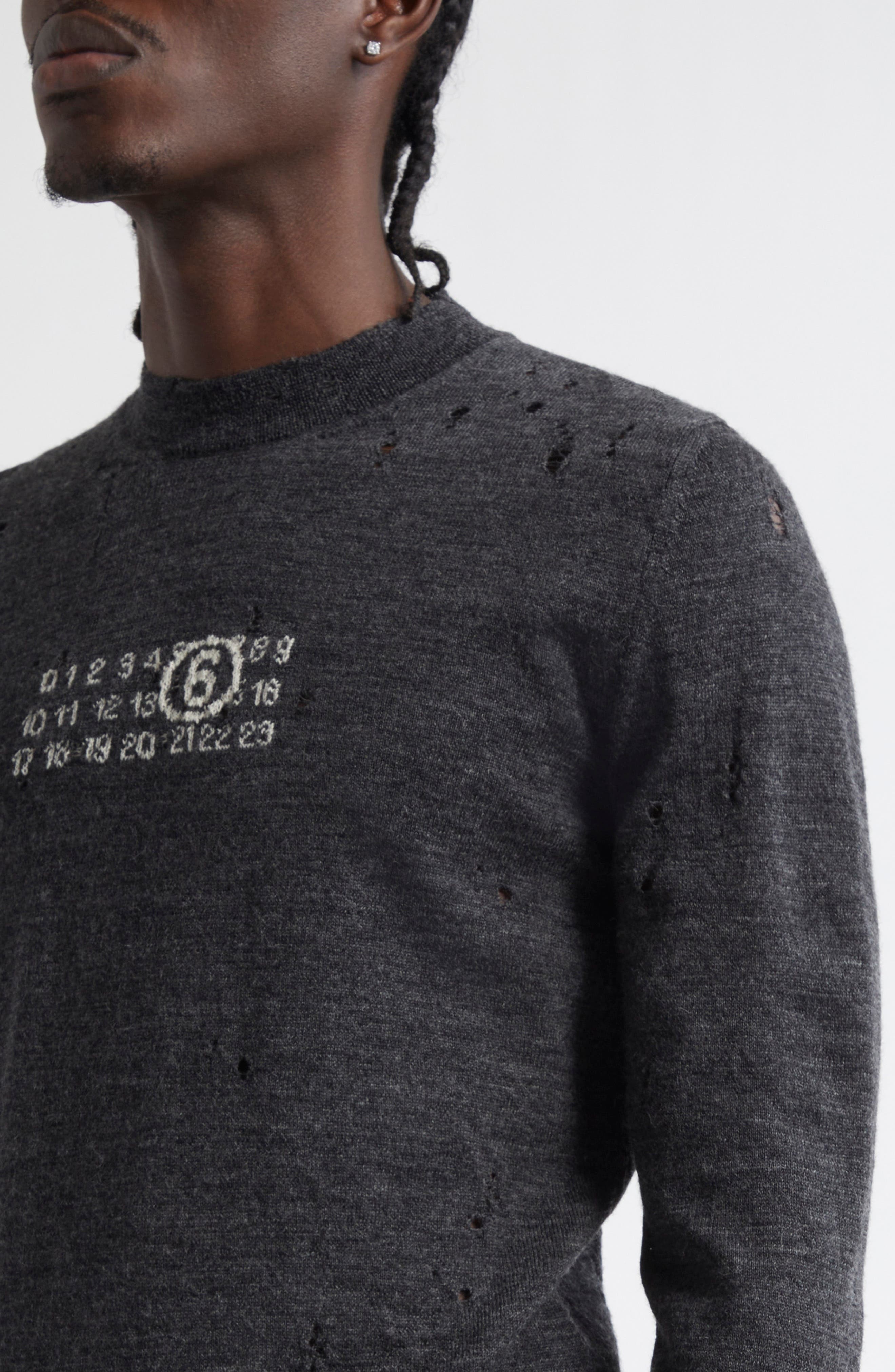 MM6 Maison Margiela Distressed Numeric Motif Virgin Wool Sweater in Dark Grey Melange at Nordstrom - 5