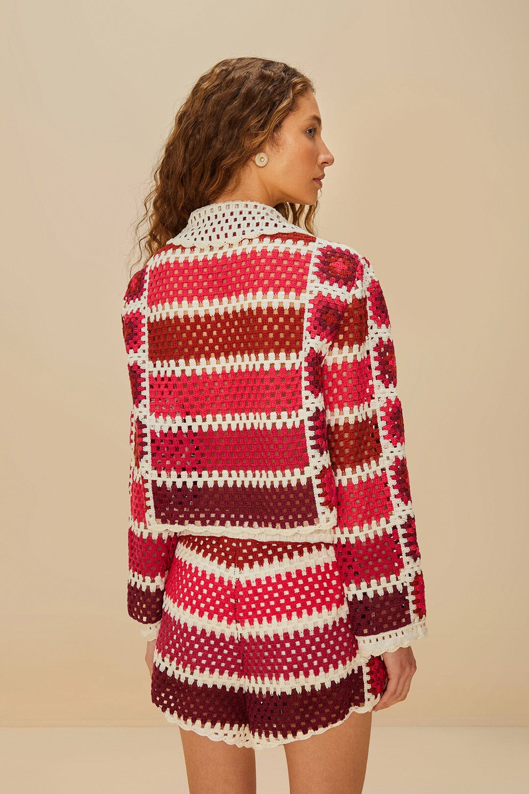 Red Colorful Crochet Tiles Shorts - 3