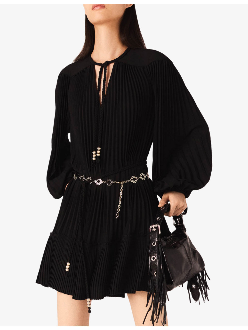 Pleated V-Neck Woven Mini Dress - 3