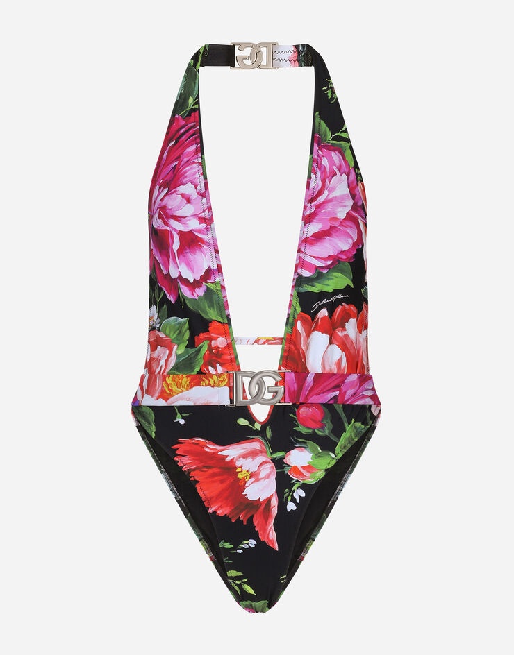 Belted floral-print swimsuit with plunging neckline - 1