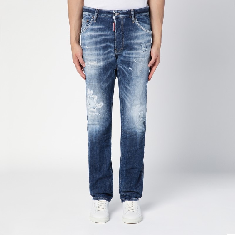 Navy blue washed denim jeans with wear - 1