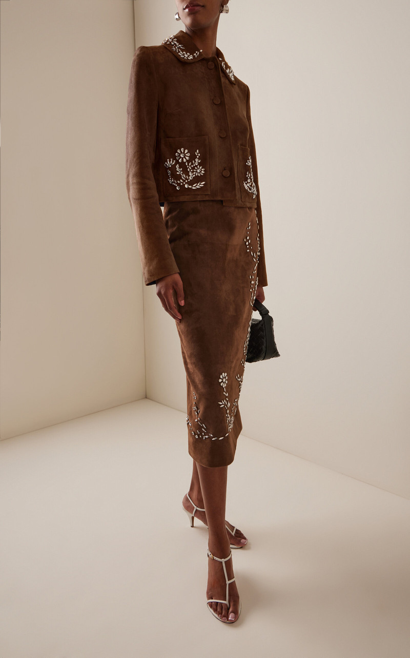 Oscar de la Renta Crystal-Embellished Suede Midi Skirt brown outlook