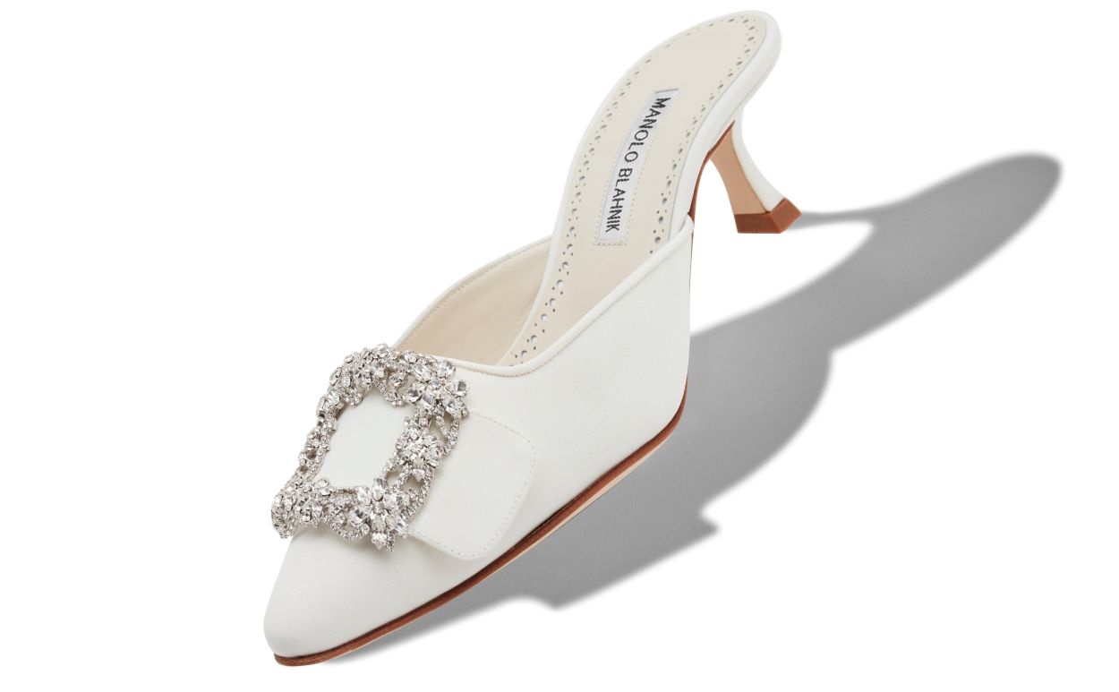 White Satin Crystal Buckle Mules - 2