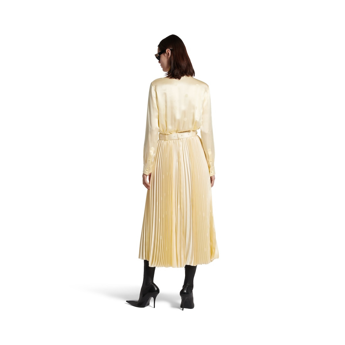 Women's Lace-up Pleated Dress in Cream - 4