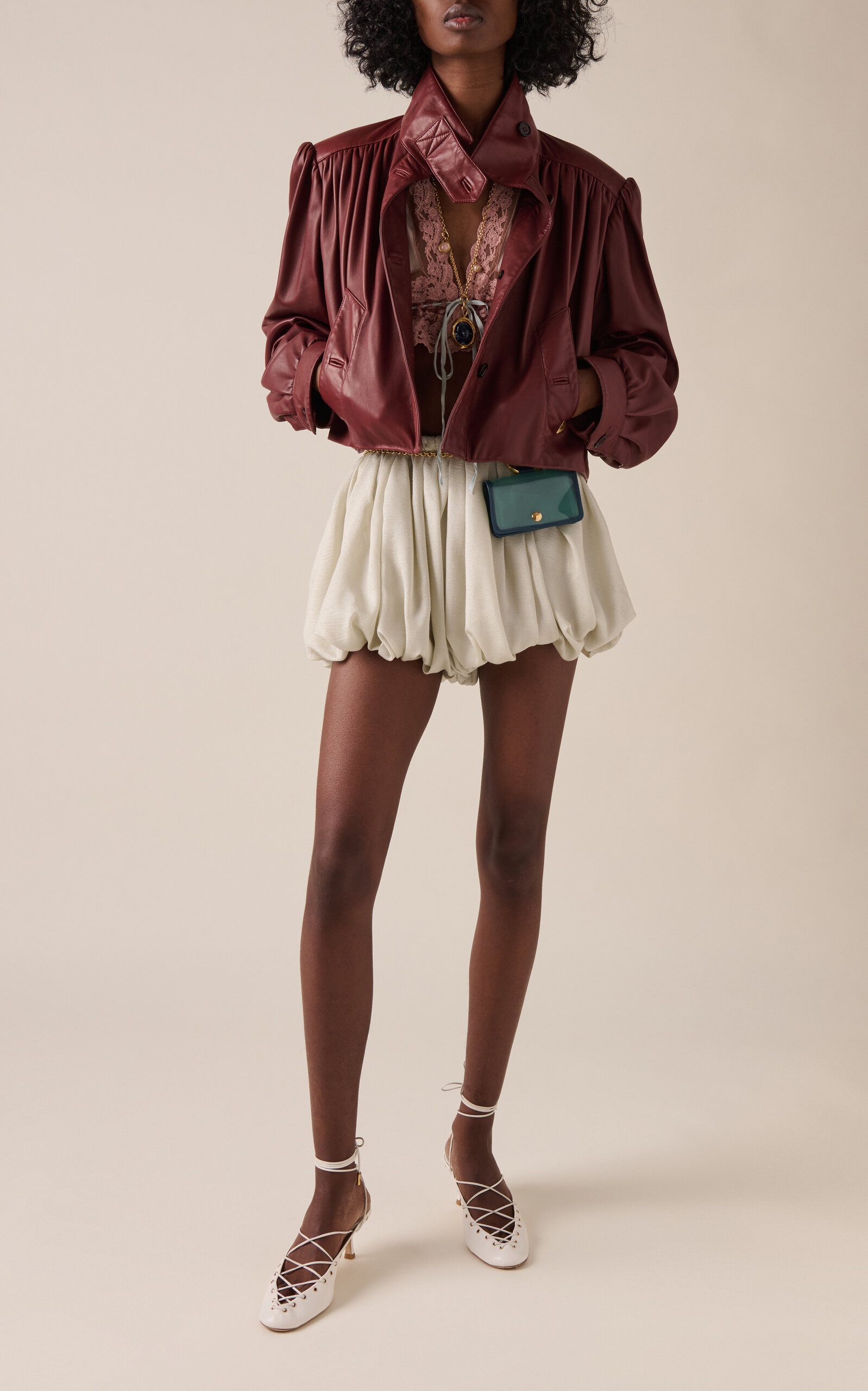 Puff-Sleeve Plonge Leather Cropped Jacket burgundy - 3