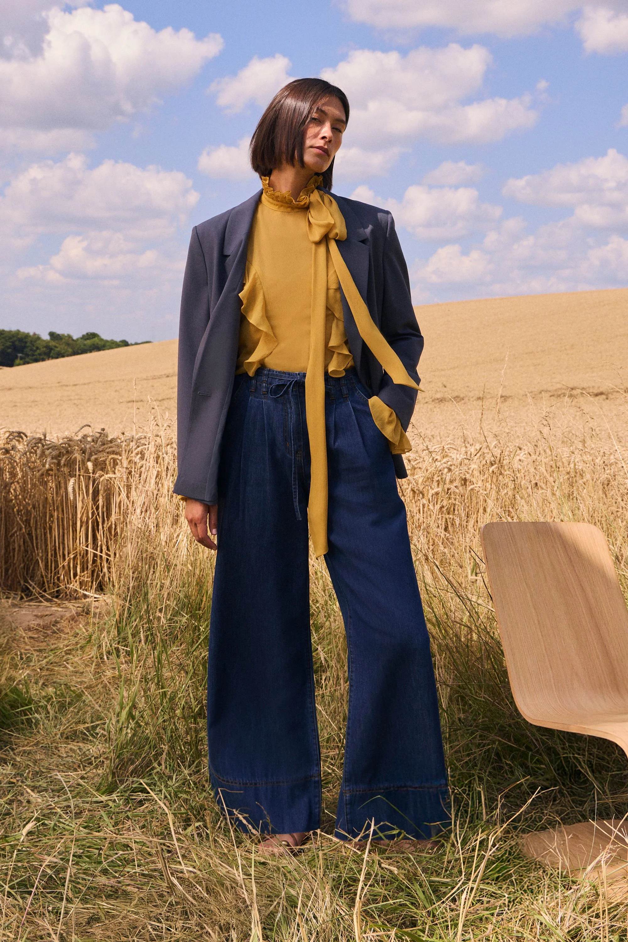 Denim Tie Waist Wide Leg Tailored Trouser - 1