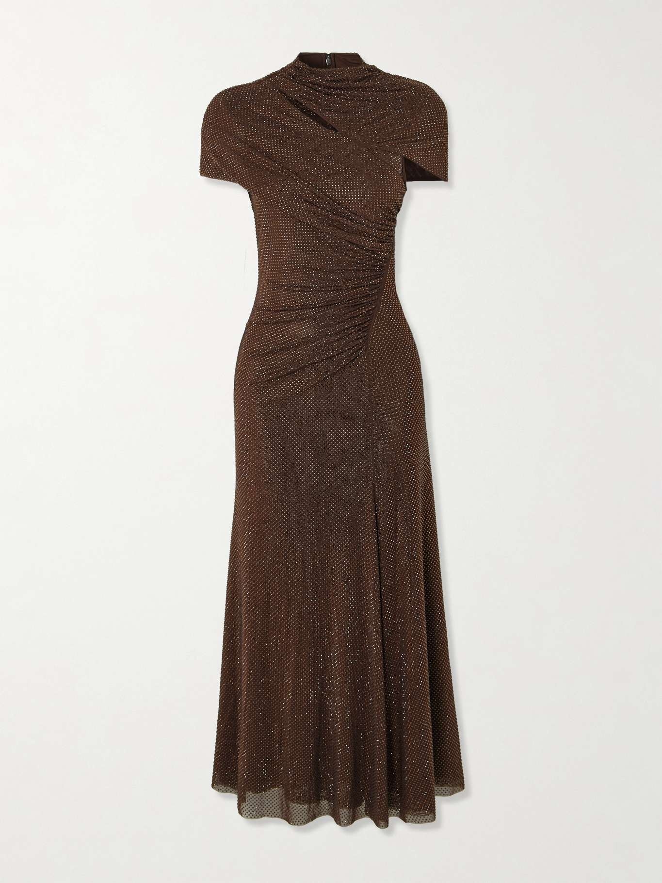 Crystal-embellished ruched cutout stretch-mesh midi dress Brown - 1