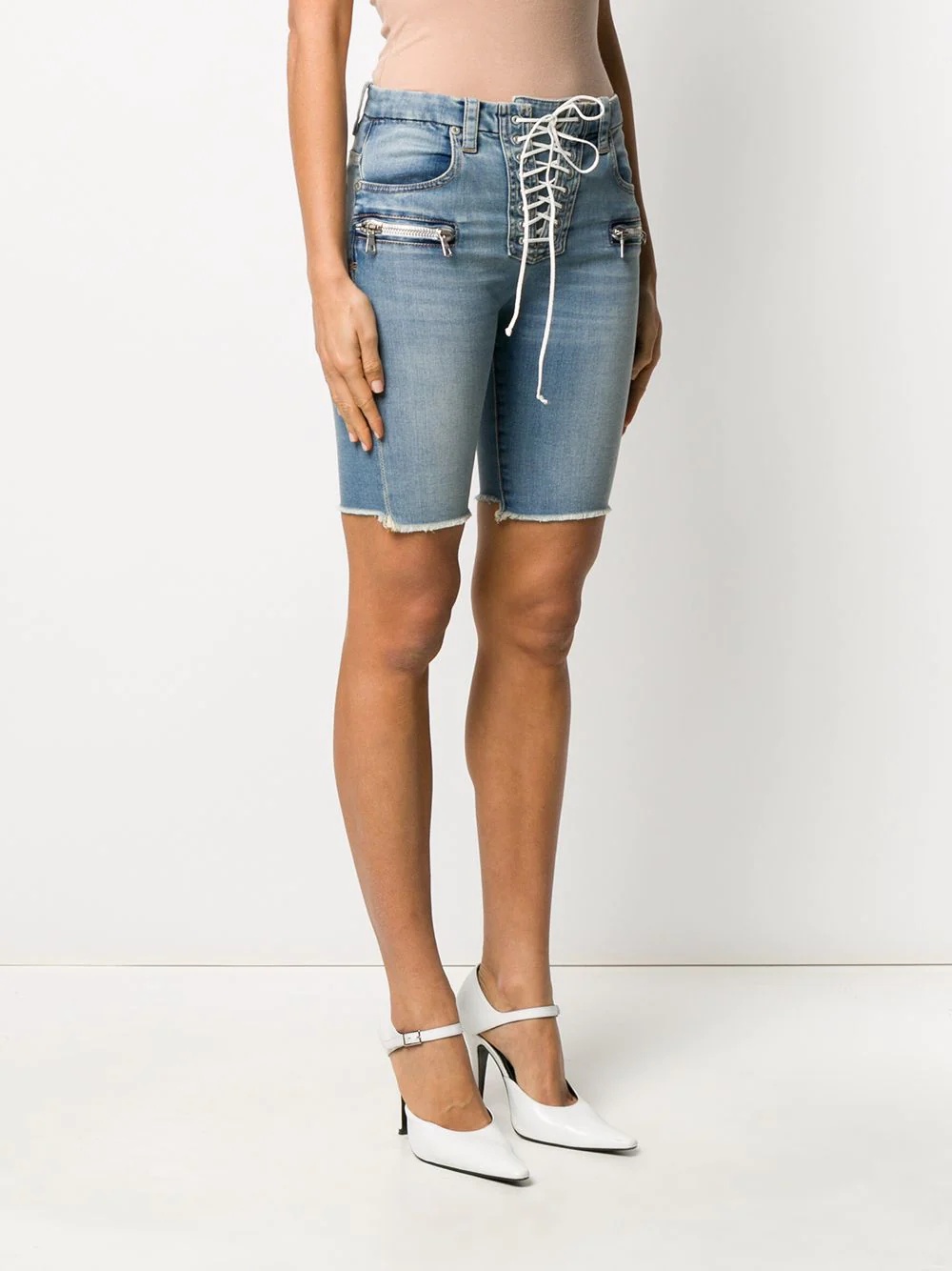 lace-up denim shorts - 3