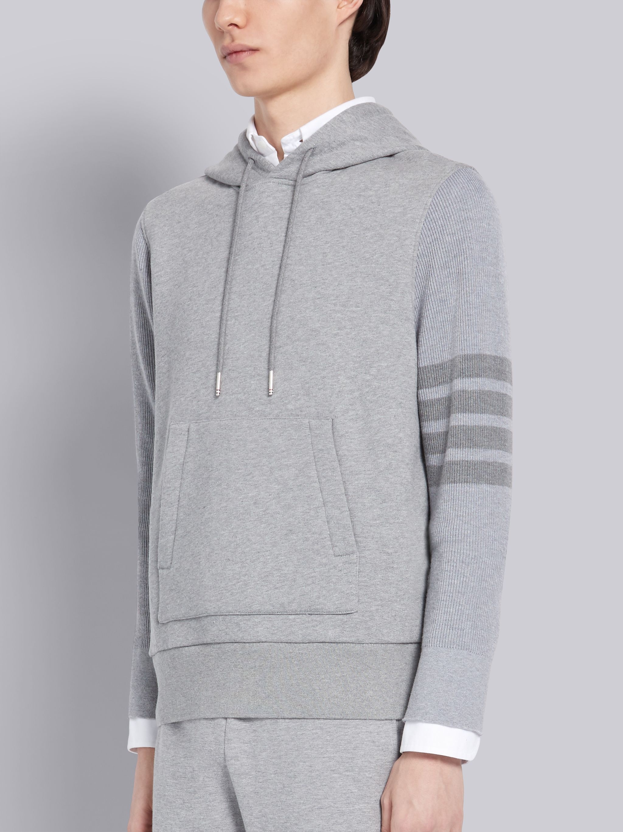 Light Grey Classic Loopback Ribbed Sleeves 4-Bar Pullover Hoodie - 3