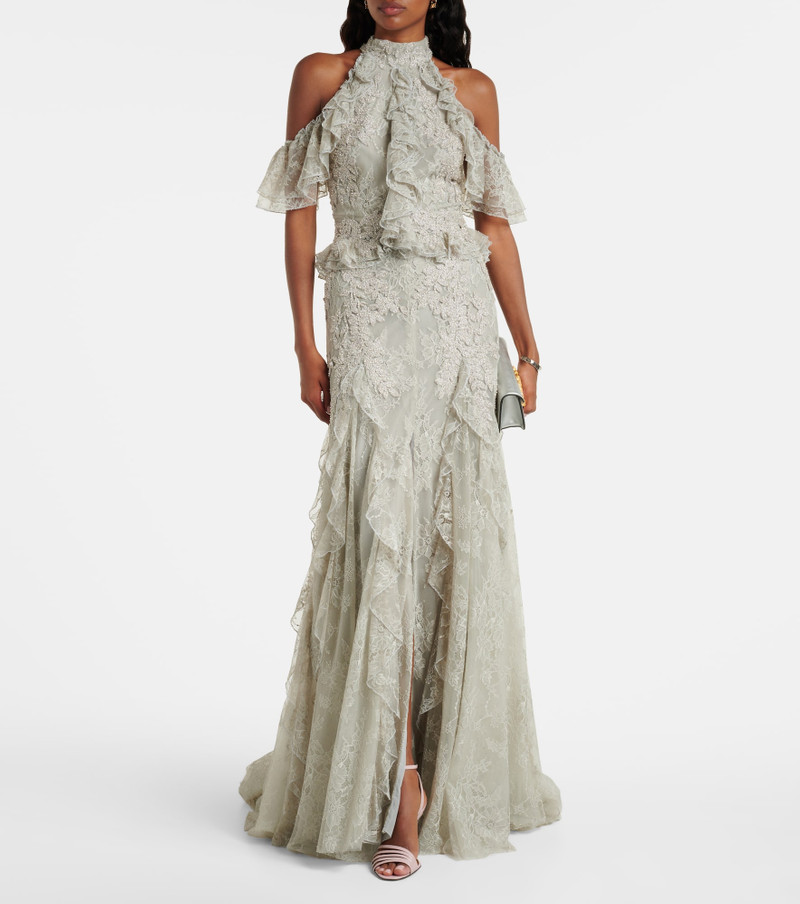COSTARELLOS Rhodine embellished halterneck lace gown outlook