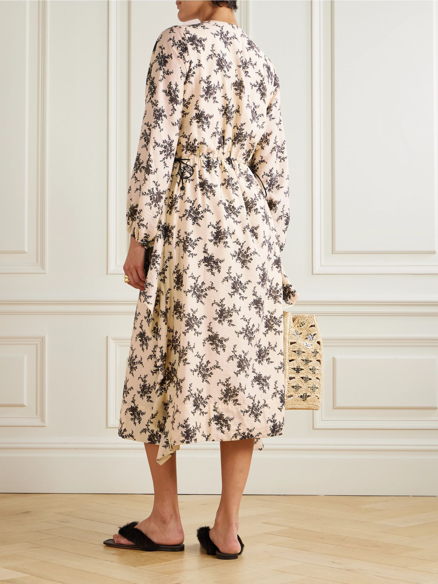 Joan tie-detailed ruffled floral-print voile midi dress Cream - 3