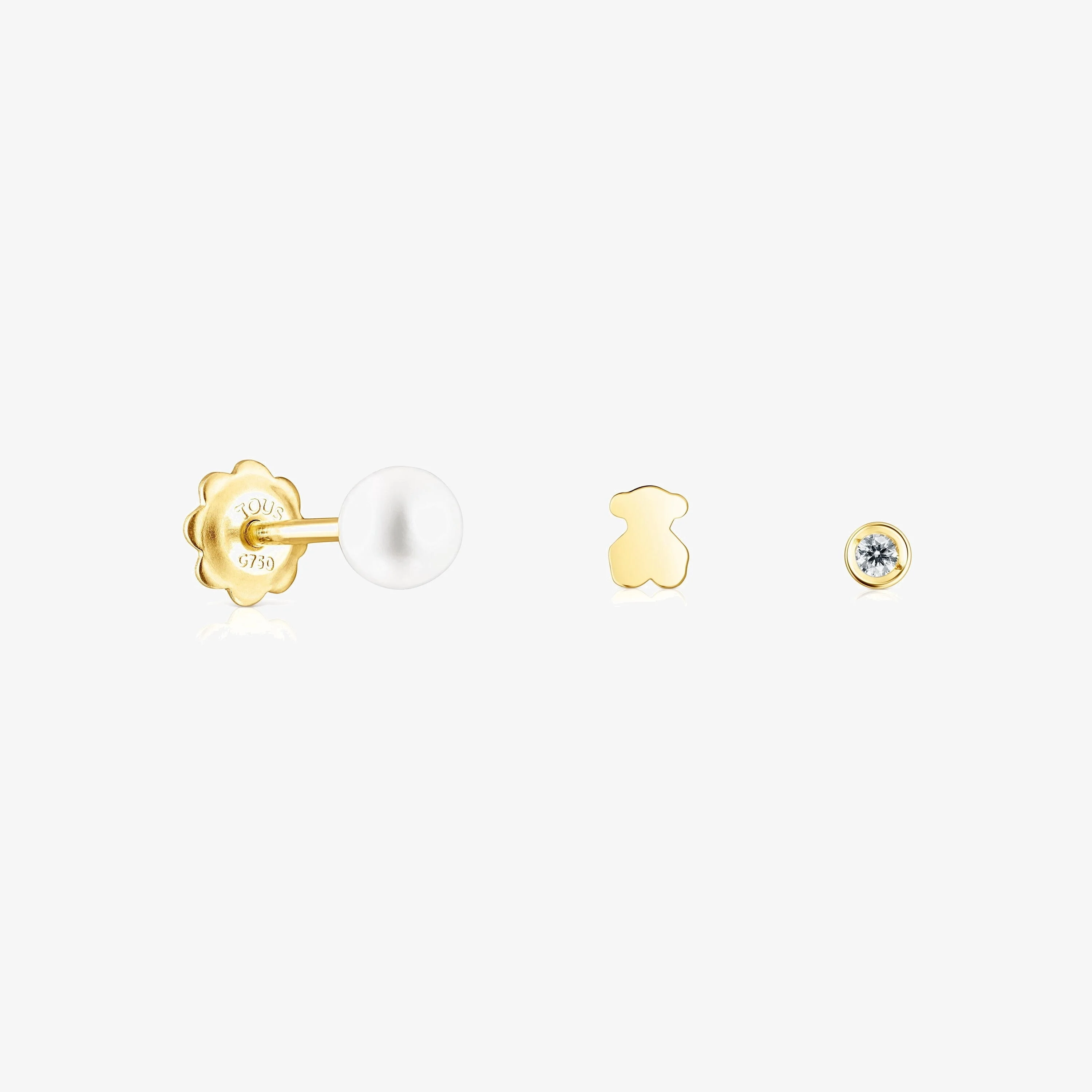 Pack of 18K solid gold TOUS Pearl ear Piercings with diamond and pearl - 1