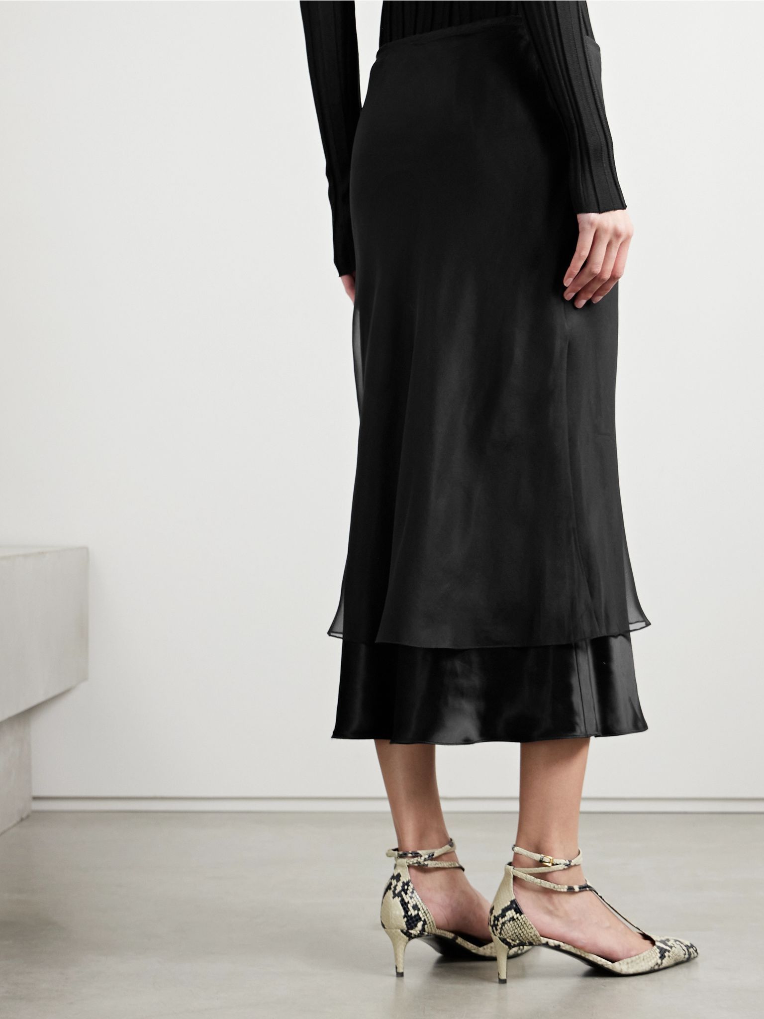 Monina layered satin and organza midi skirt Black - 4